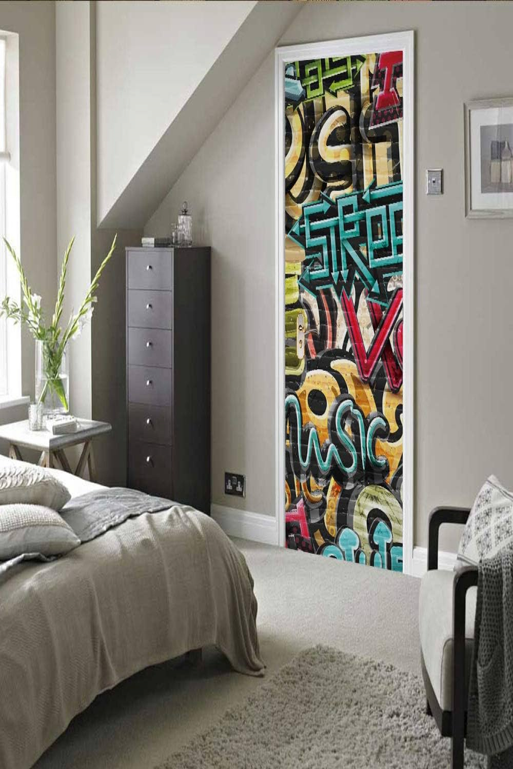 ANHHWW Door Wallpaper Self-Adhesive D Painted Creative Graffiti Door  Wallpaper Wall Pictures PVC Door Poster Vinyl Removable Bedroom Wall  Sticker