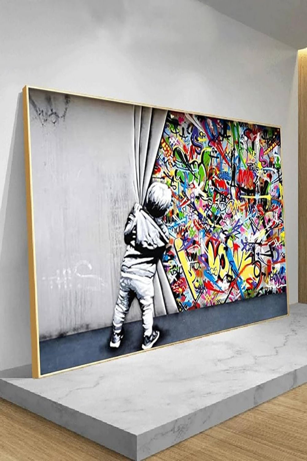 Banksy Canvas Wall Art Graffiti Art Children Behind The Curtain Painting  Figure Poster Street Pictures Home Decor  x  cm ( x  inches) Inner