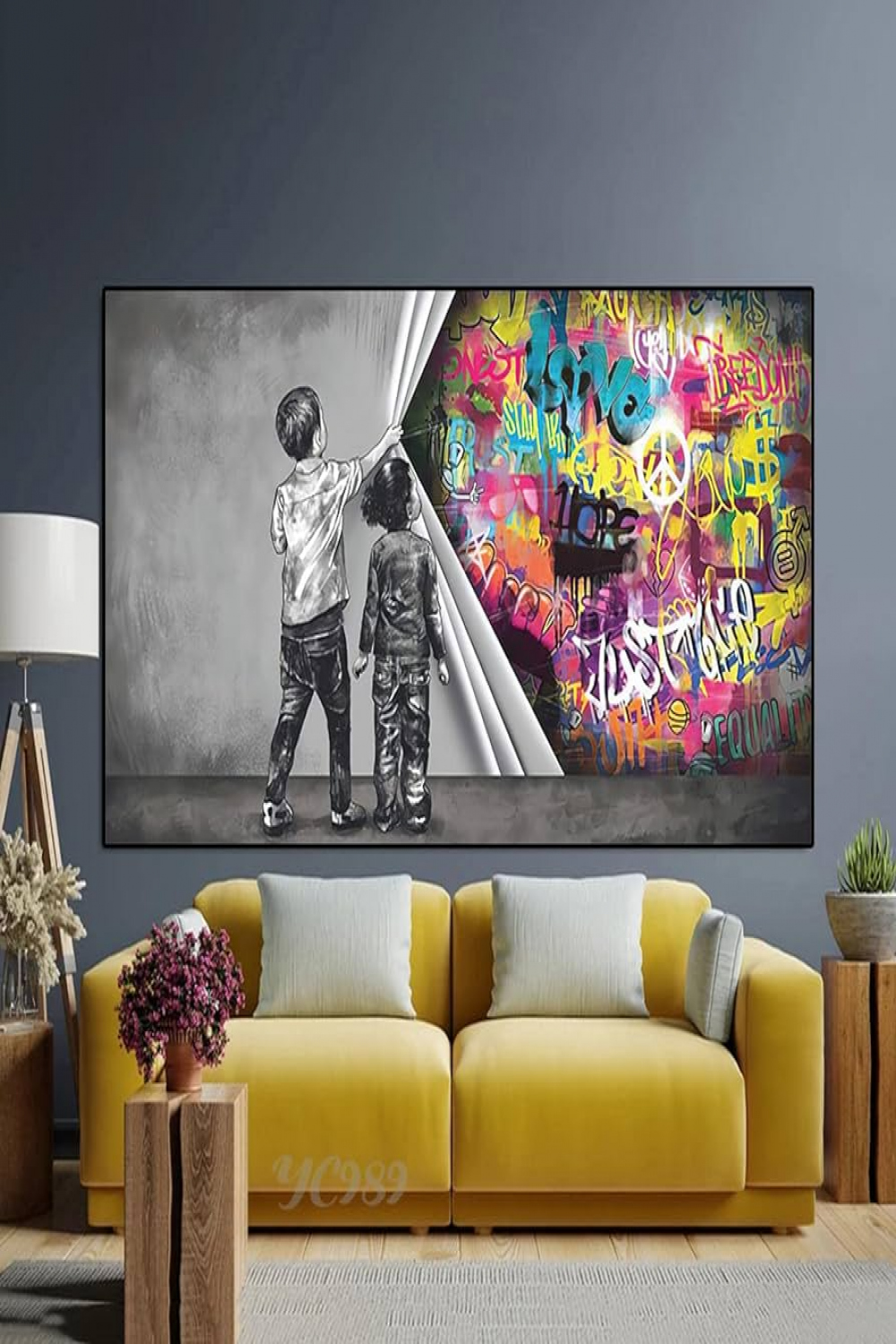 Banksy Wall Art Poster Prints Home Decor, Street Graffiti Art Behind the  Curtain Canvas Painting, Boy and Girl Find Love xcm Frameless