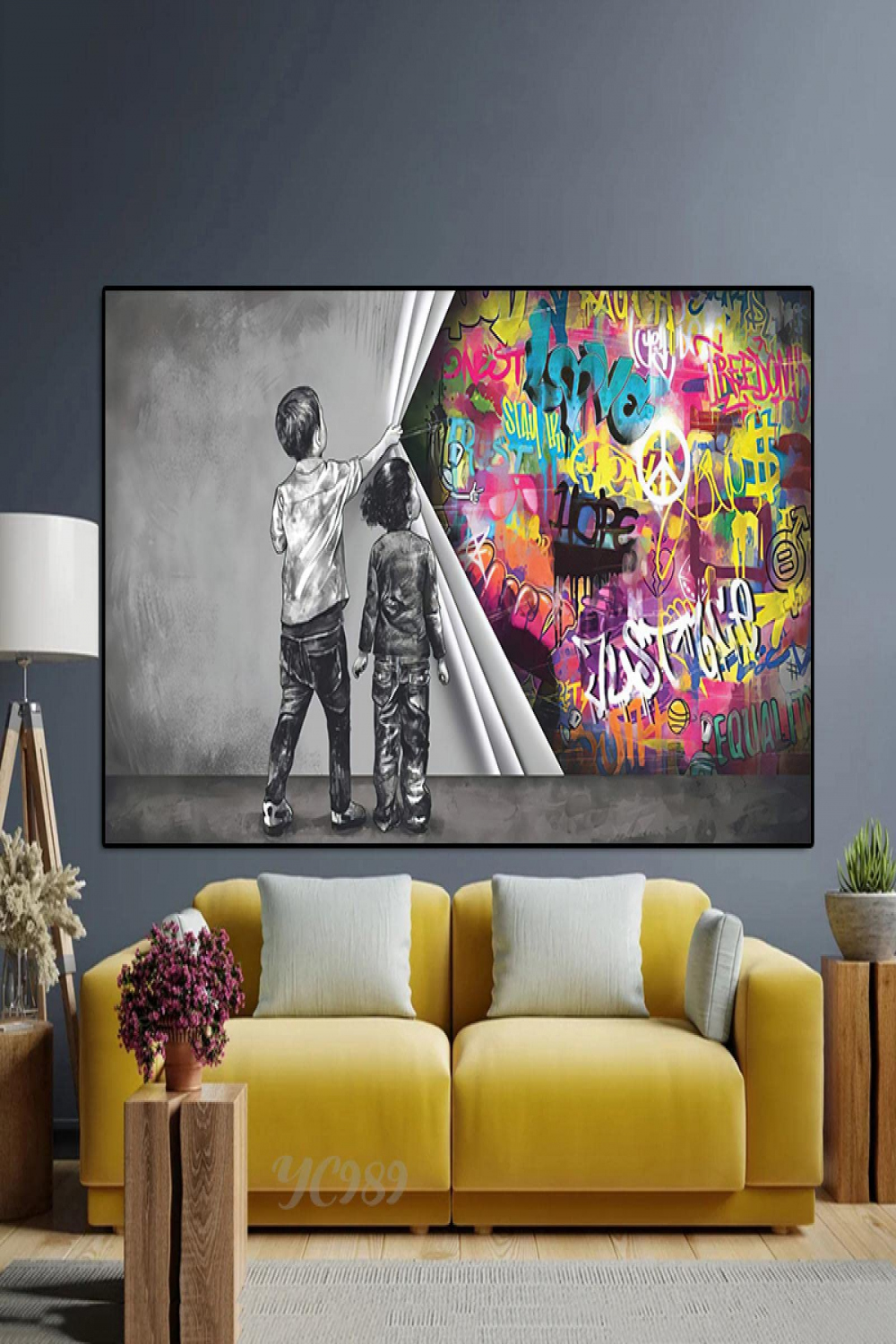 Banksy Wall Art Poster Prints Home Decor, Street Graffiti Art Behind the  Curtain Canvas Painting, Boy and Girl Find Love xcm Frameless