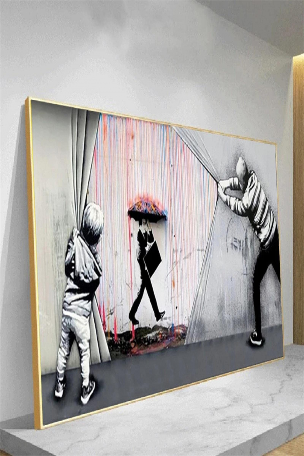 Behind the Curtain Rainbow Rain Graffiti Art Office Decor Abstrakt Banksy  Street Art Canvas Wall Art Office Decor Wall Decor xcm(."x