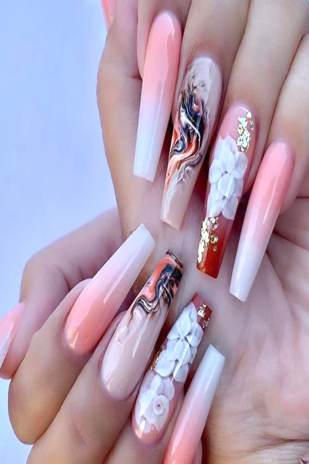 BELICEY PCS Pink Press on Nails Medium Length Fake Coffin Nails with Glue  Glossy White Flowers False Nails with Graffiti Designs Acrylic Nails Glue