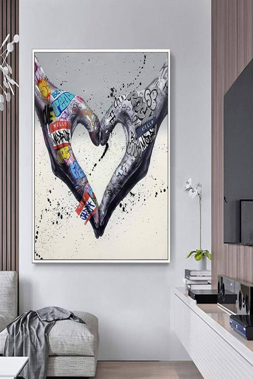 Canvas Painting Gesture Heart Graffiti Art Love Hands Poster Prints Wall  Art Picture for Living Room Home Decor Framed  x  cm Inner Frame