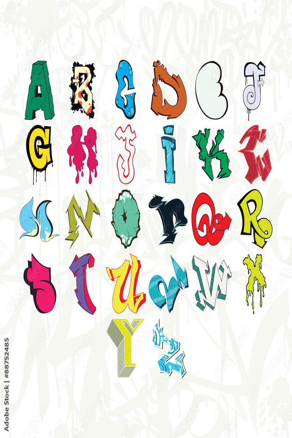 Colorful graffiti font alphabet letters