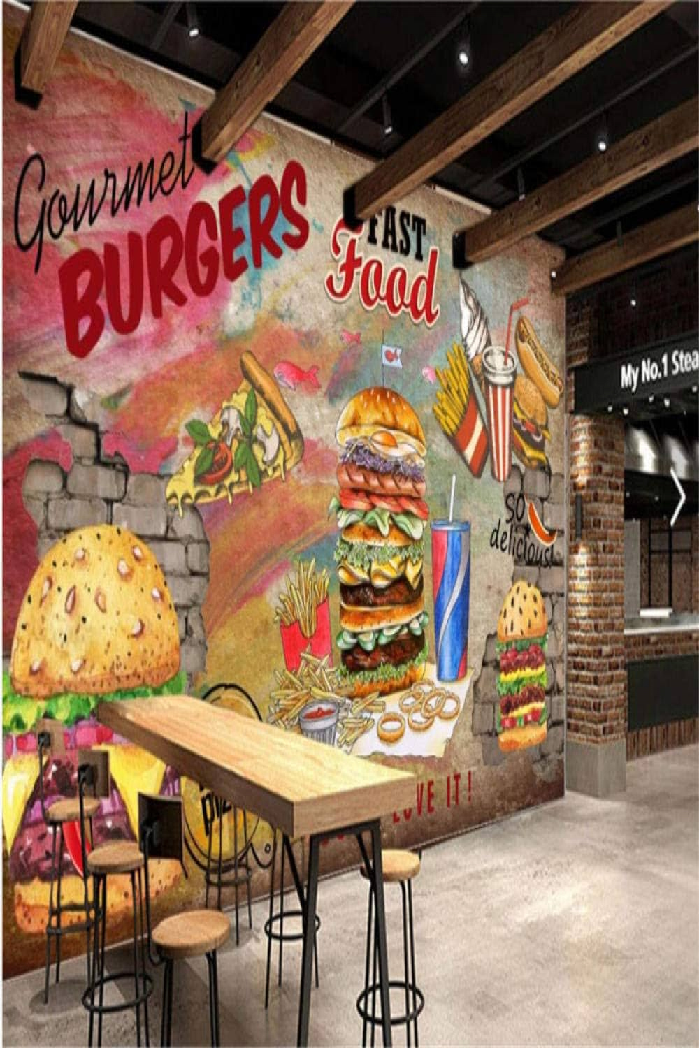 Custom Burger Chips Cola Graffiti Background Mural Wallpaper Fast Food  Restaurant Snack Bar Industrial Decor Wallpaper D 40 cm (L) × 00 cm (H)