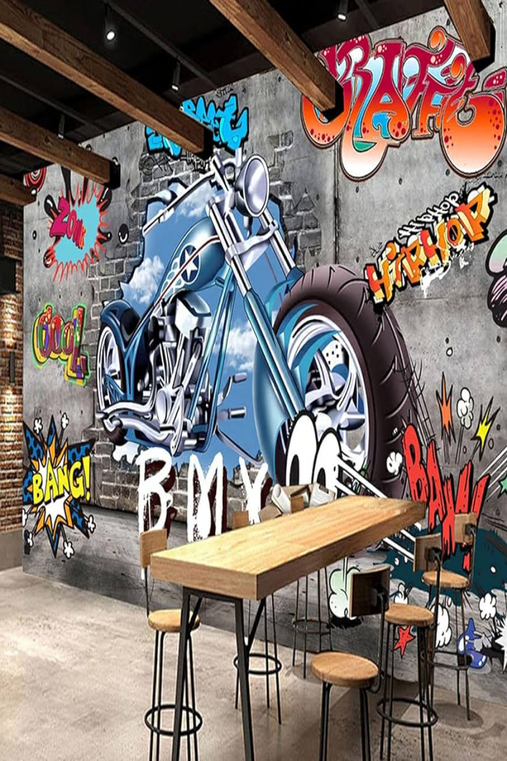 Custom Photo Wallpaper D Motorcycle Street Art Graffiti Background Wall  Pictures Restaurant Bar KTV D Wall Sticker  cm (W) x  cm (H)