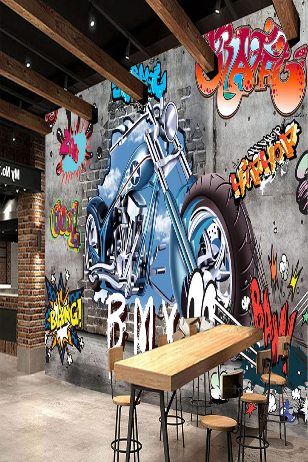 D Wall Mural Motorcycle Art Graffiti Photo Wallpaper D Effect Non-Woven  Wallpaper Living Room Bedroom Wall Decoration