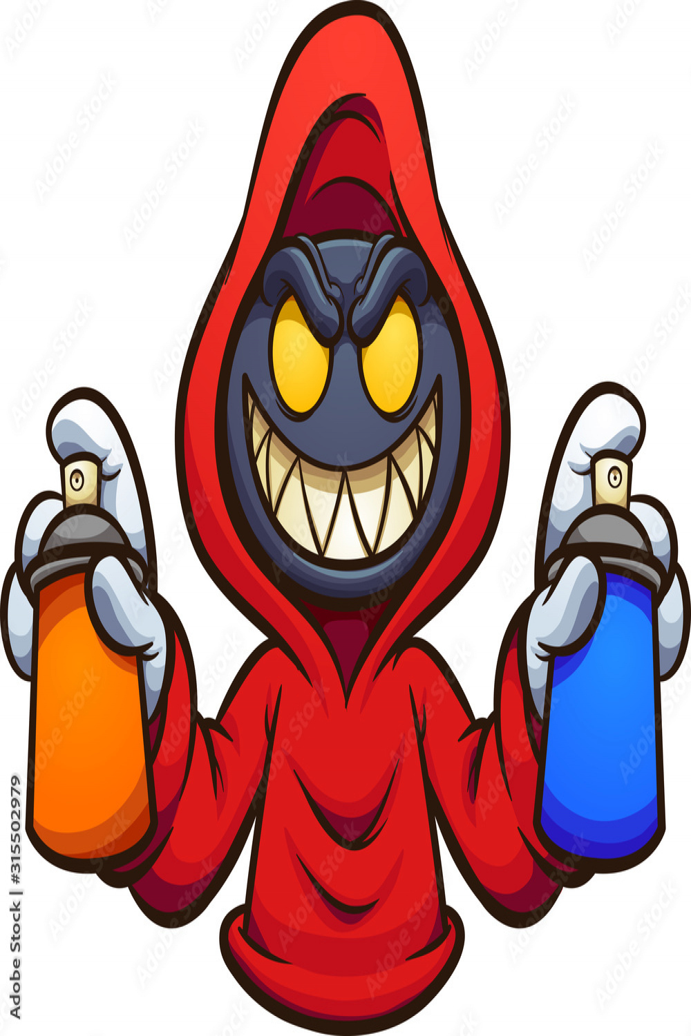 Evil hooded character with graffiti spray cans cartoon