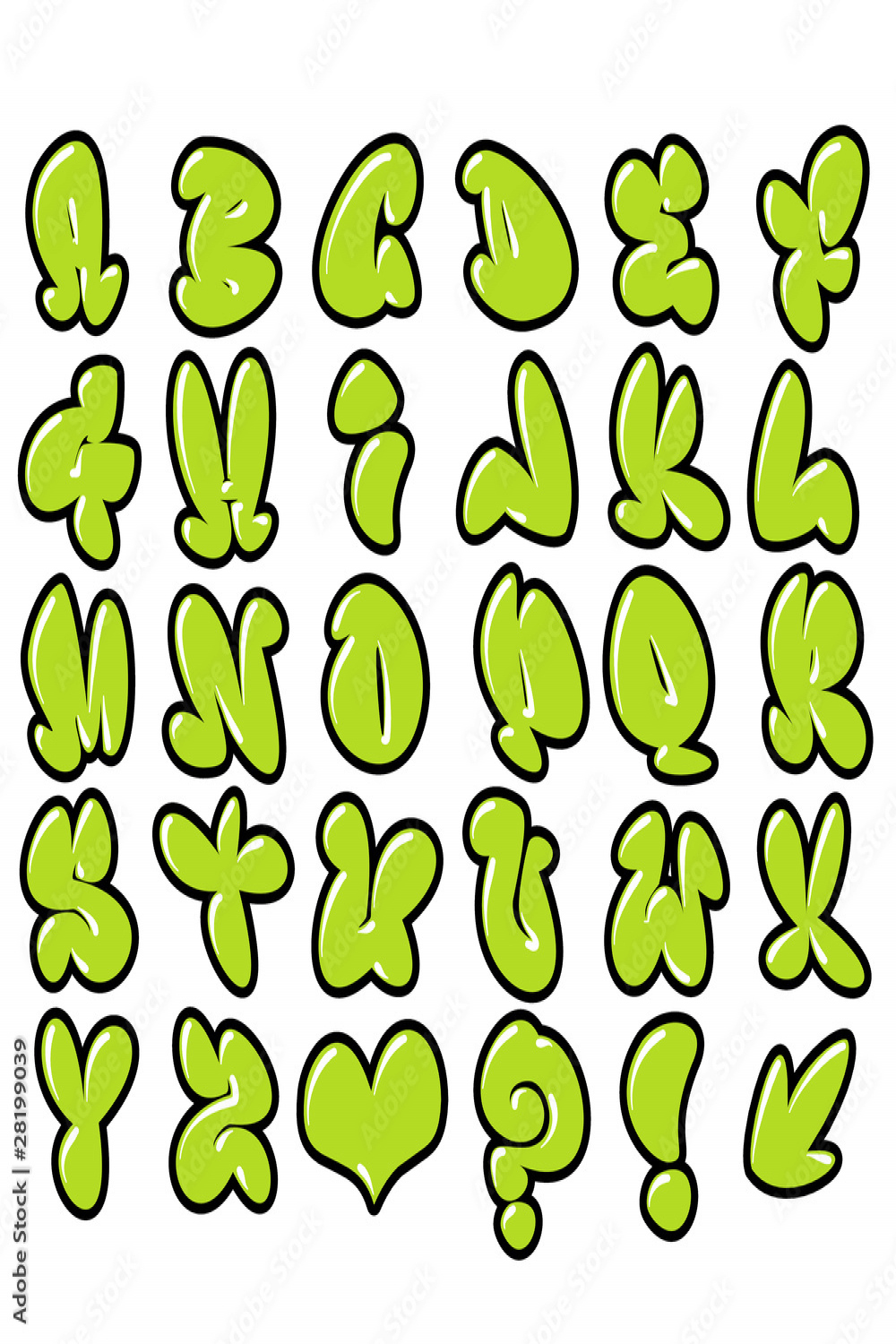 funny green glossy bubble font graffiti alphabet Stock