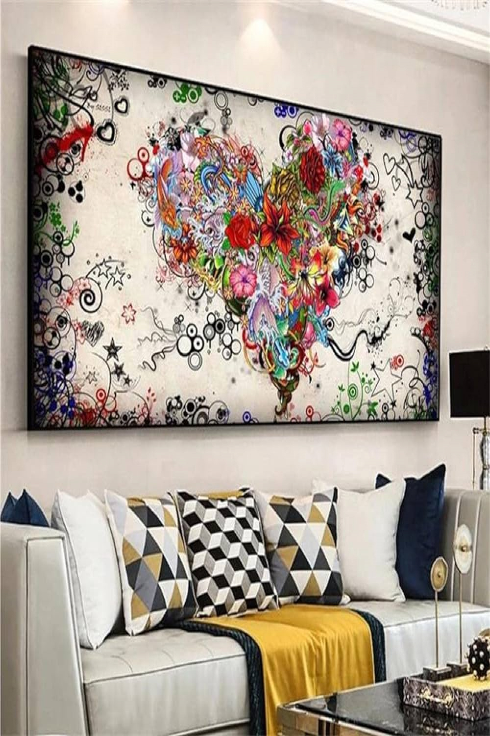 Graffiti Flower Heart Canvas Wall Art Abstract Loving Heart Extra Large  Prints for Bedroom Romantic Modern Decoration .x