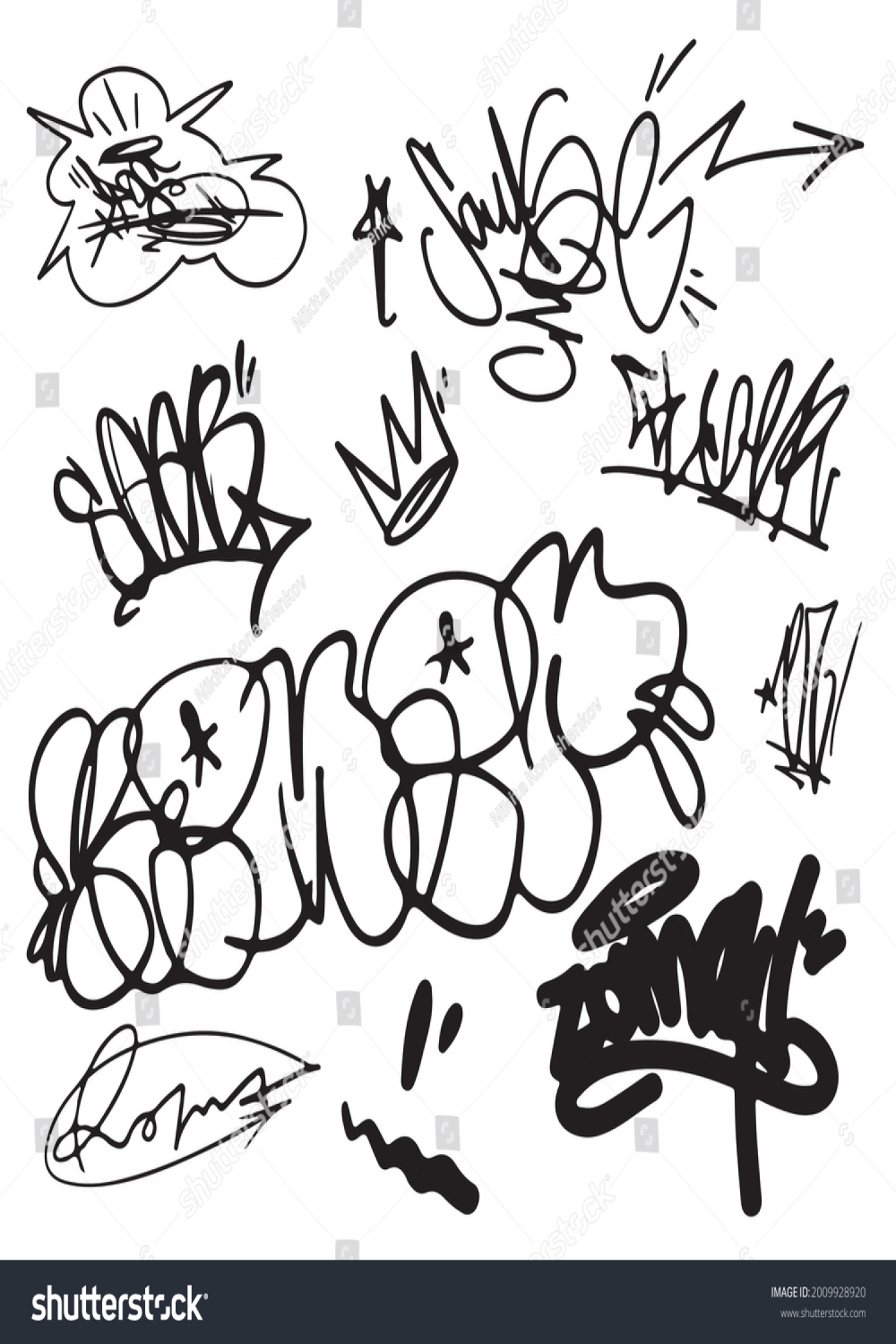 Graffiti Tag Set. Handgezeichnete Schrift. Vektorgrafik