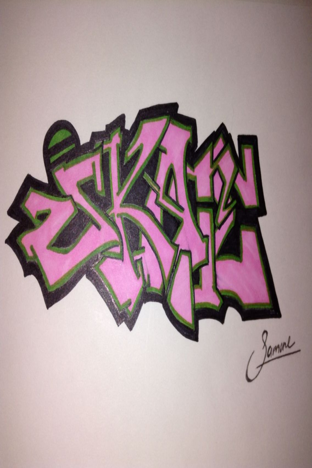 Graffiti, word "Skate"/ colors are green/ pink/ black, simple yet