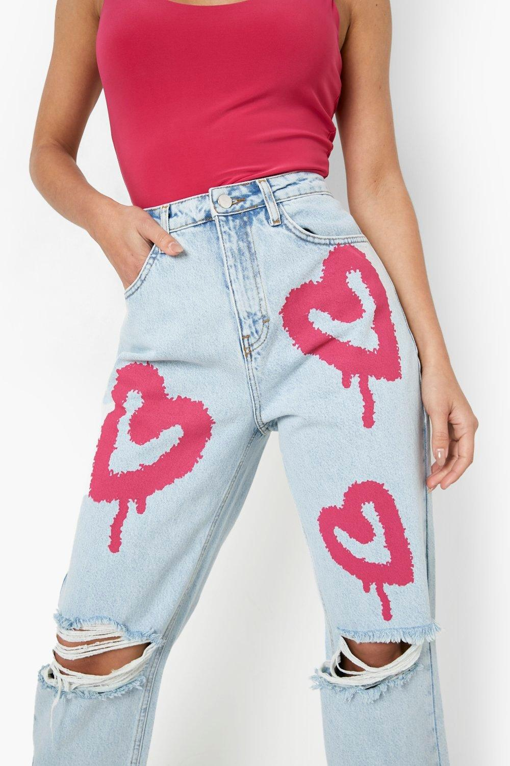 Heart Graffiti Ripped Knee Straight Leg Jeans