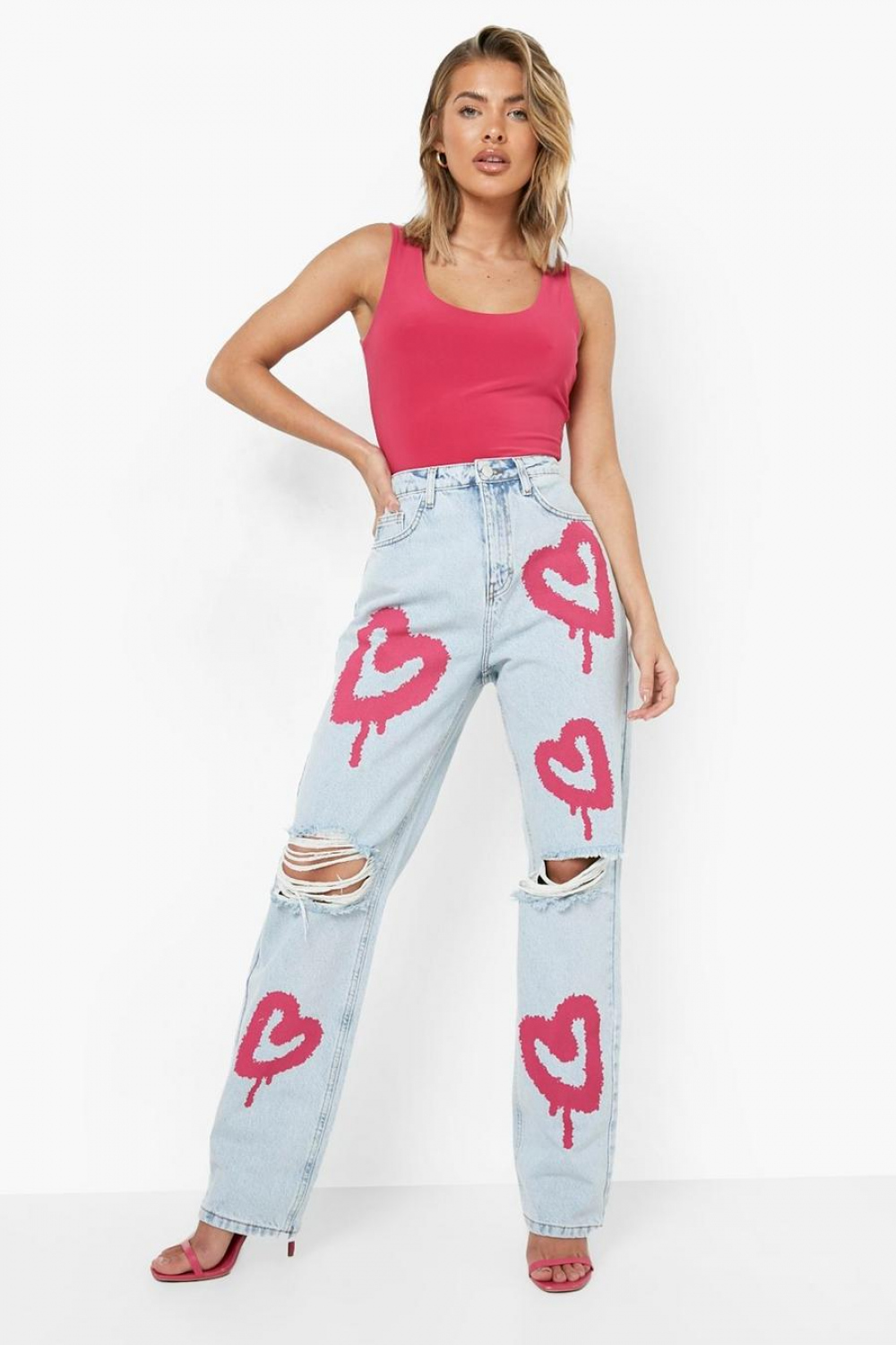 Heart Graffiti Ripped Knee Straight Leg Jeans