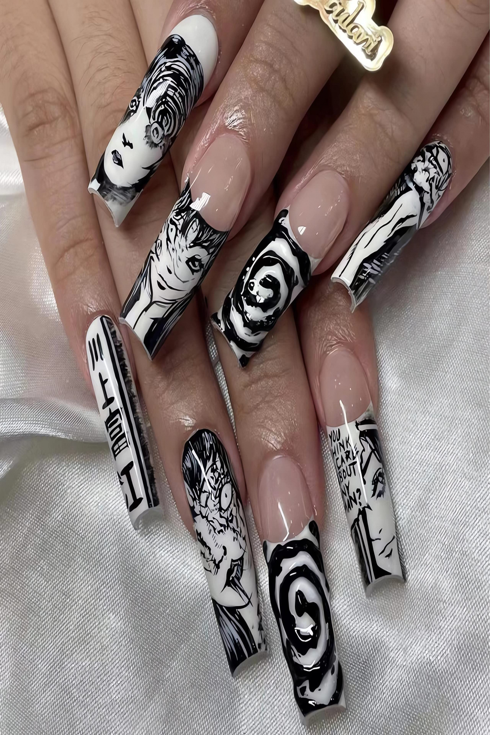 IMSOHOT Long Press on Nails Square French Fake Nails Glue on Nails YK  Black Cartoon Graffiti False Nails Glossy Ballerina Full Cover Acrylic  Nails