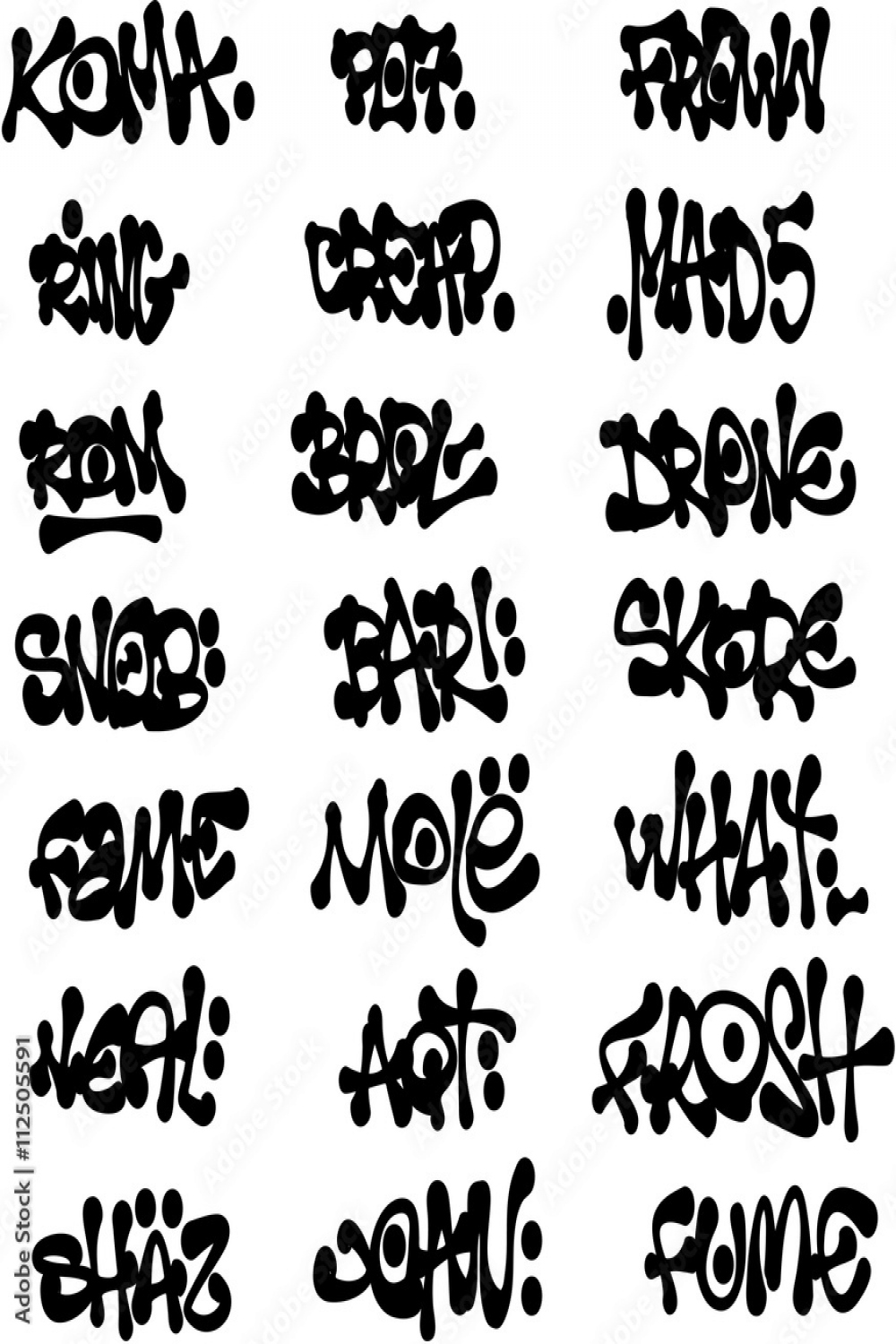 liquid black graffiti tags collection over white Stock