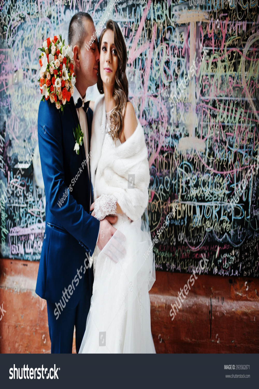 Lovely Wedding Couple Background Graffiti Wall Stock Photo