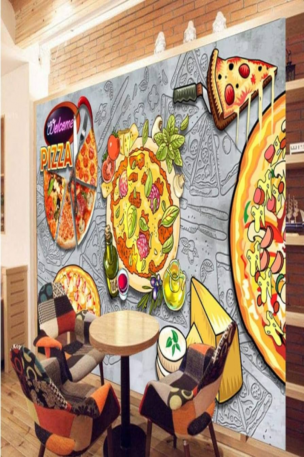 Photo Retro Wallpaper Western Pizza Concrete Restaurant Graffiti Tools  Wallpaper Background Custom Mural cm(L)×cm(H)