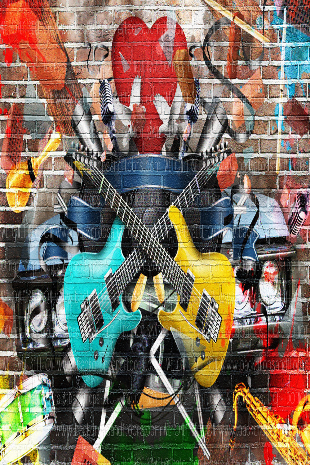 Rock and Roll Graffiti Photography Backdrop, Musical, Music, Guitars,  Drums, Musician, Urban, Grunge, City Street, Brick, Heart, Mural