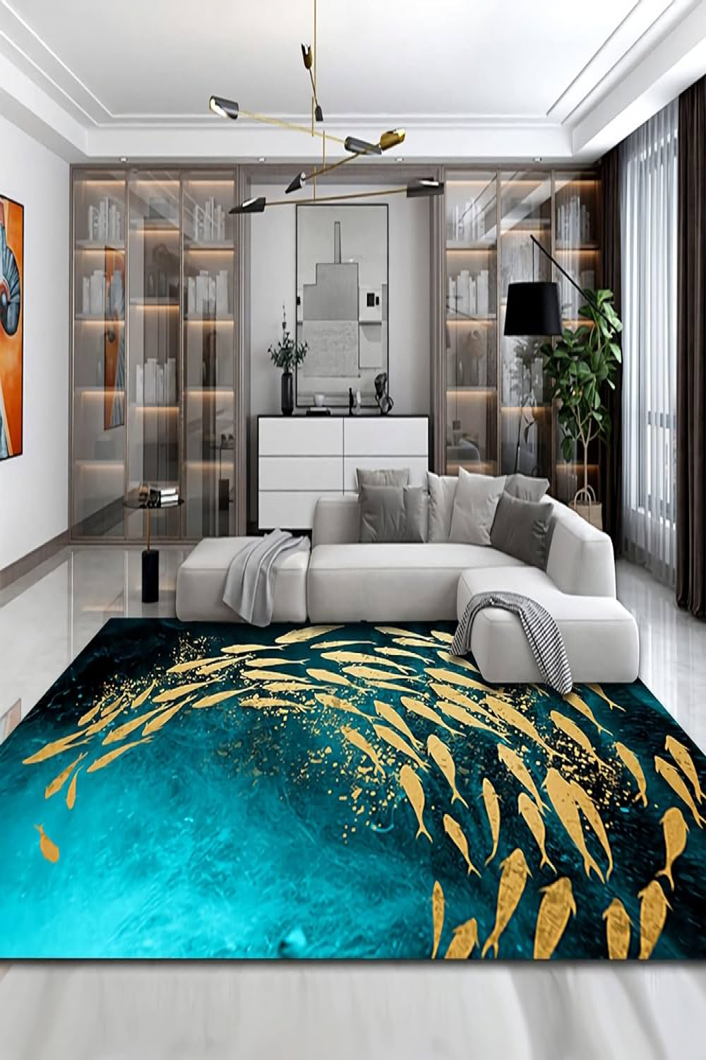 Rug Modern Decoration Tapiche for Living Room Blue Living Room Rug Graffiti  Yellow Fish Group Pattern Decoration for Room  x  cm