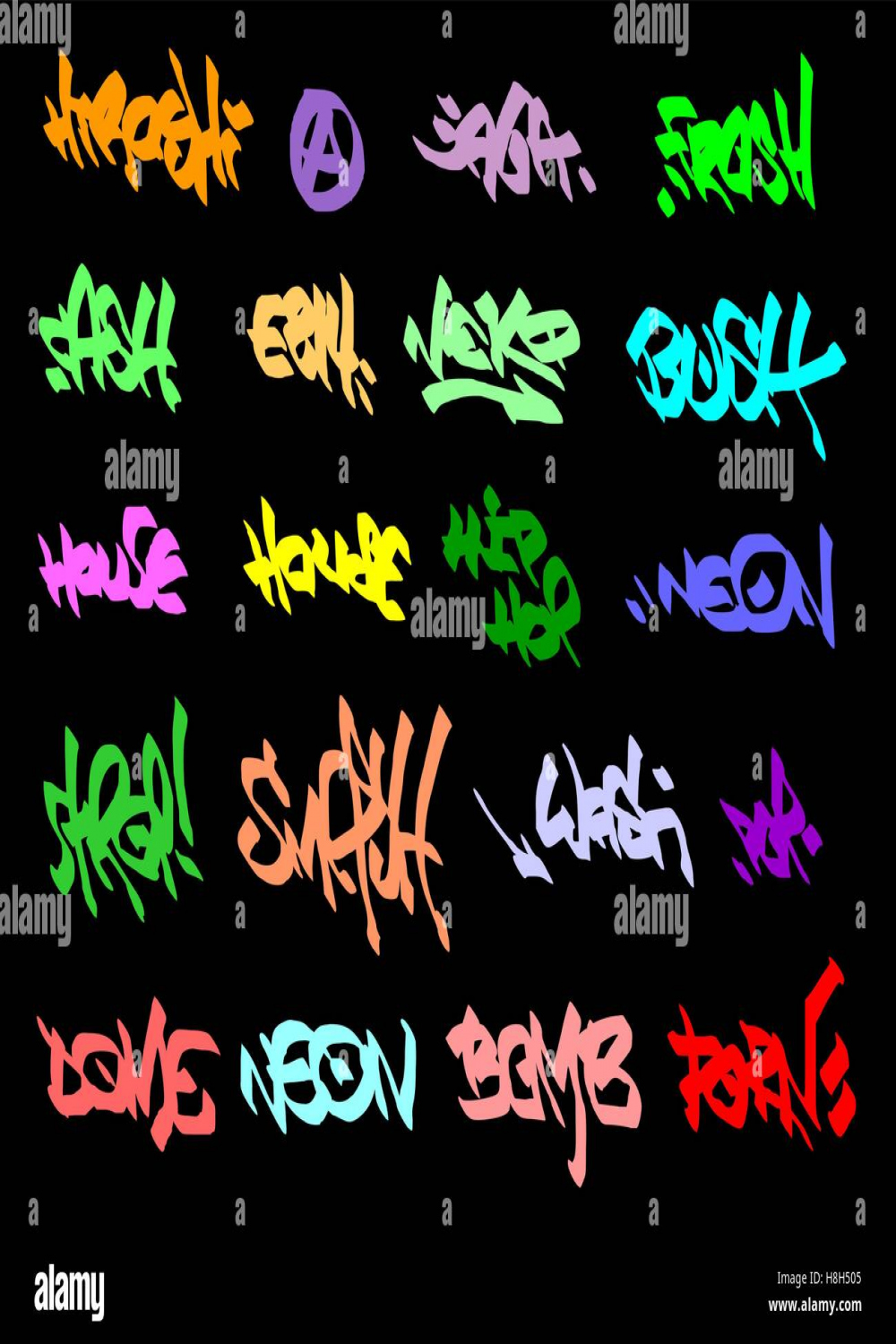 Seite der hellen Farbe Graffiti tags auf schwarz Stock