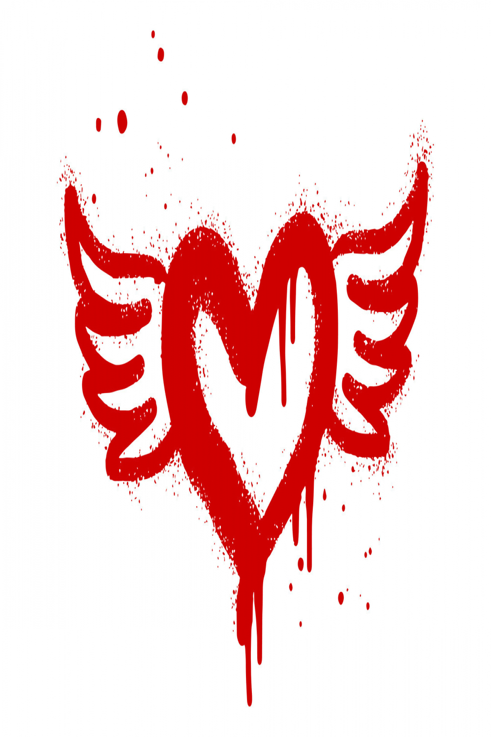 Spray painted graffiti flying heart with wings icon in red over