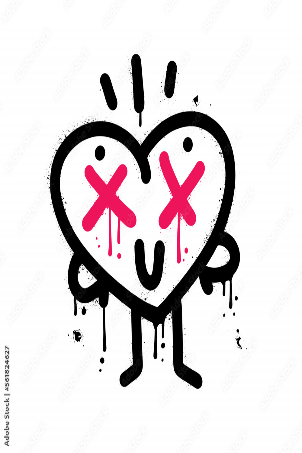 Urban graffiti - Funny heart with smile face, dead eyes retro