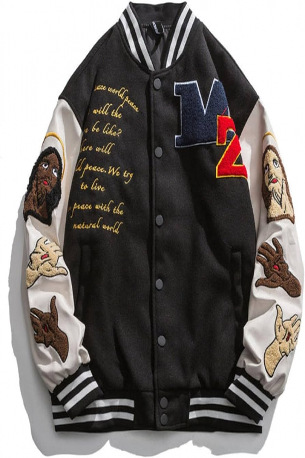 Vintage Graffiti Letter Embroidery Patchwork Baseball Jacket Mens Harajuku  Hip Hop Casual Loose Bomber Jackets Varsity Couples-Black,L