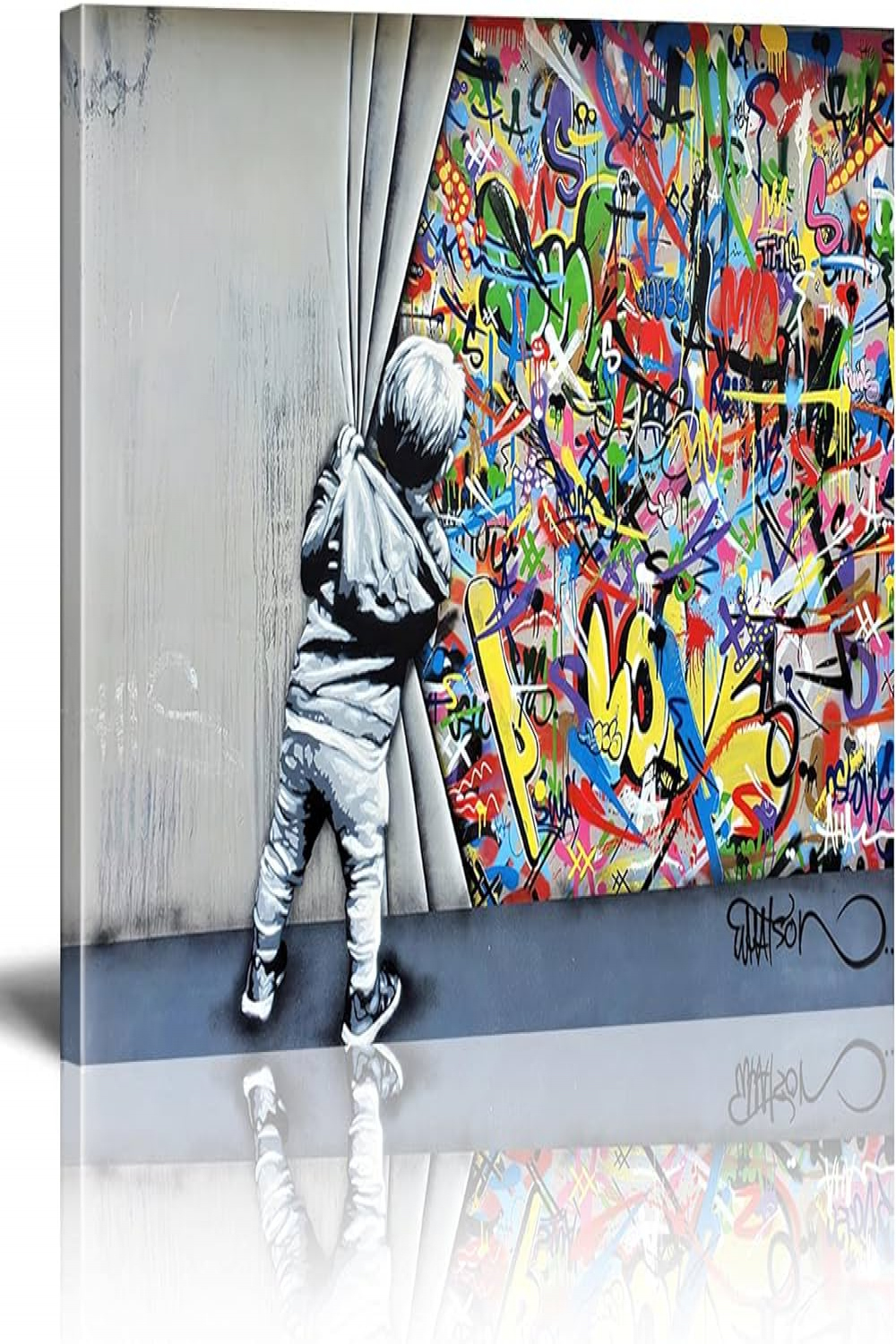 XIANGPEIFBH Street Art Banksy Graffiti Wall Art Behind the Curtain Canvas  Painting Wall Art Pictures for Home Decor Artworks  x  cm ( x