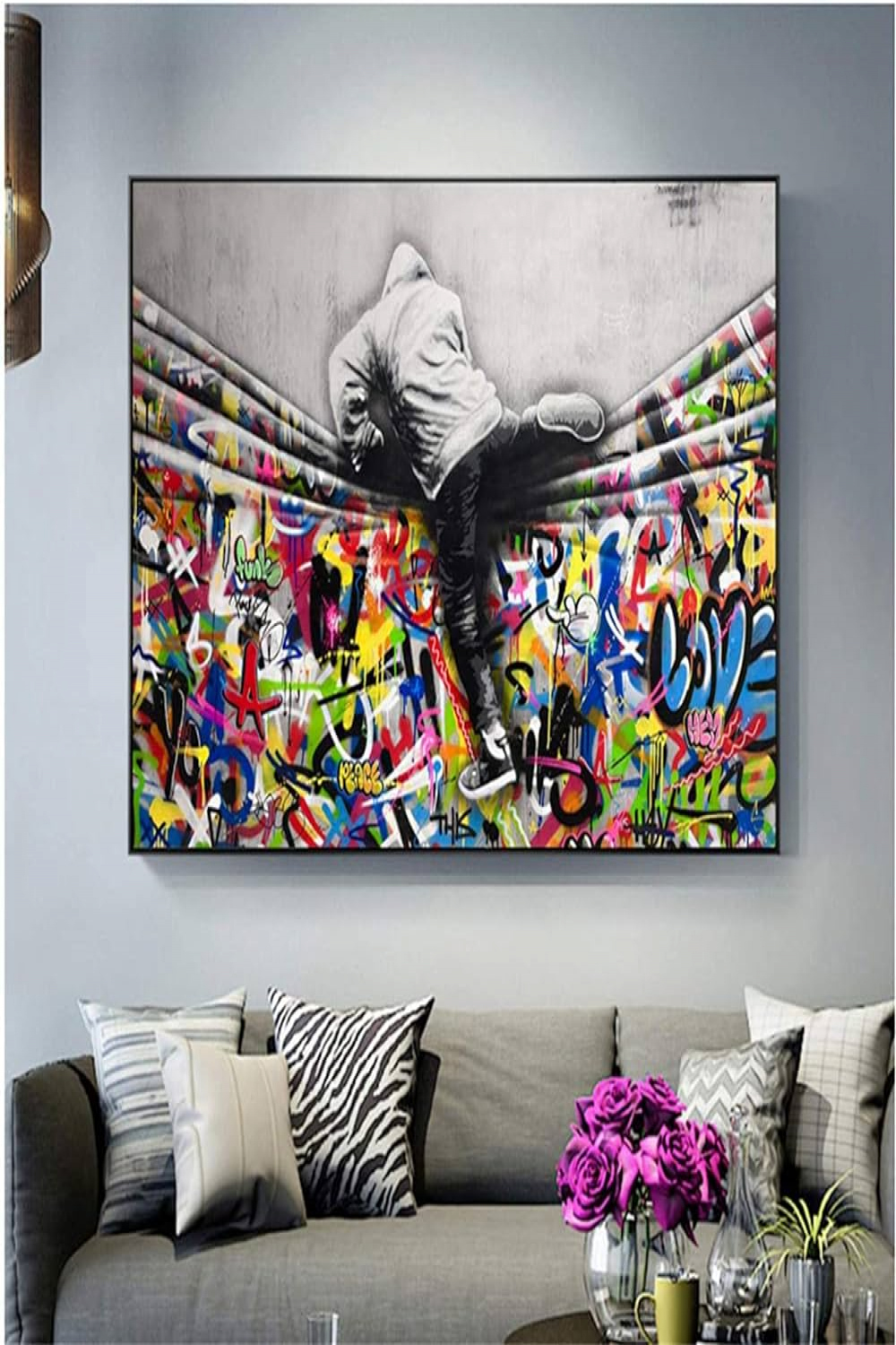 zxianc Canvas Poster Pictures Graffiti Art Behind the Curtain Street Art  Canvas Painting Posters and Print Wall Art Pictures for Home Decor  x   cm