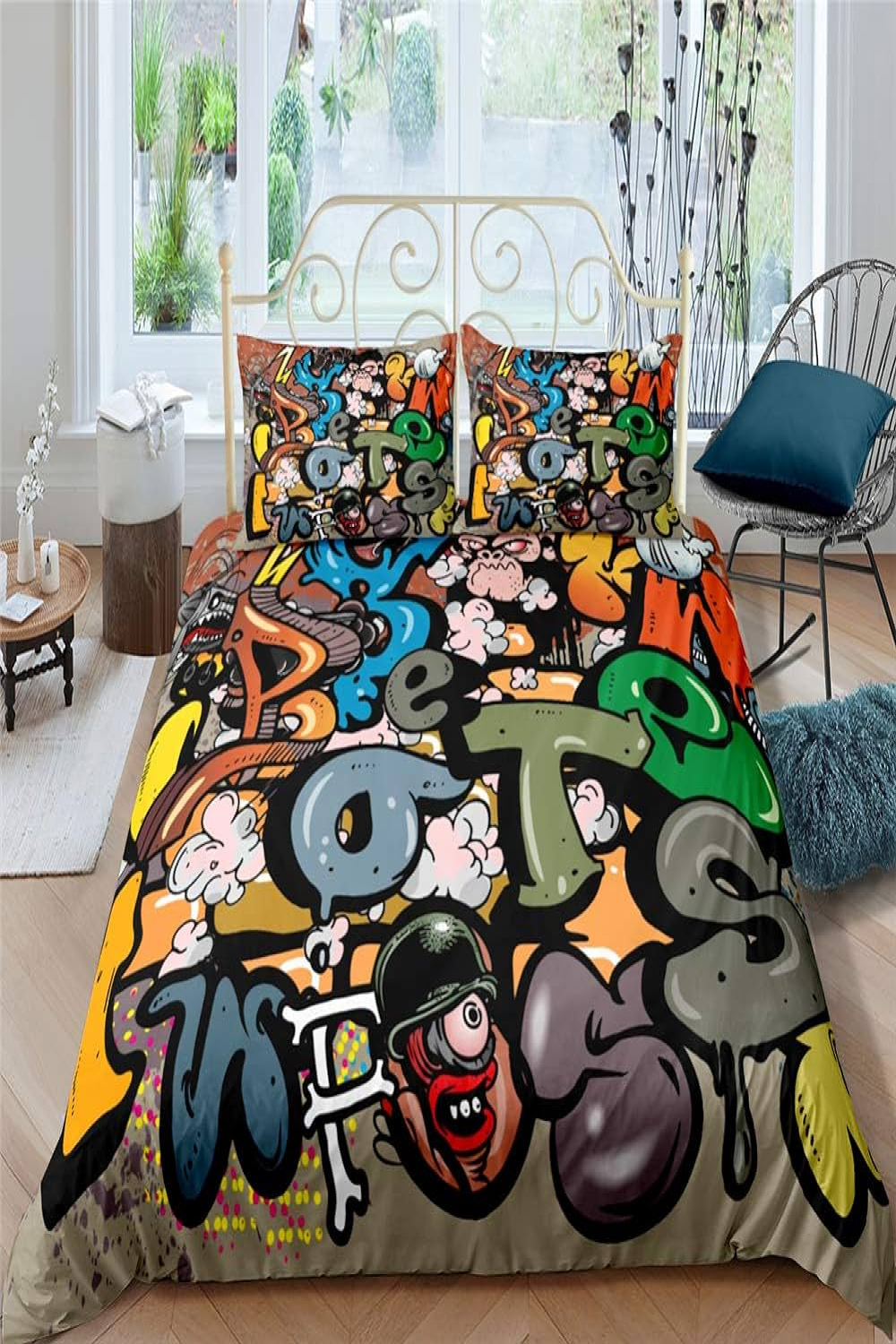 AYMAING Graffiti Mega Cool Colourful Bed Linen Set New York Street Art  Design in Microfibre with Zip  x  cm +  x  cm