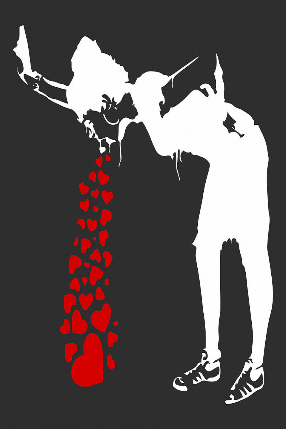 Banksy - Lovesick, Woman Throwing Up Hearts, Inverted Graffiti