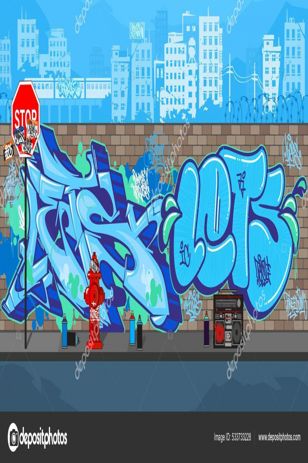 Bunte blaue Outdoor Urban Streetart Graffiti-Wand mit Zeichnungen