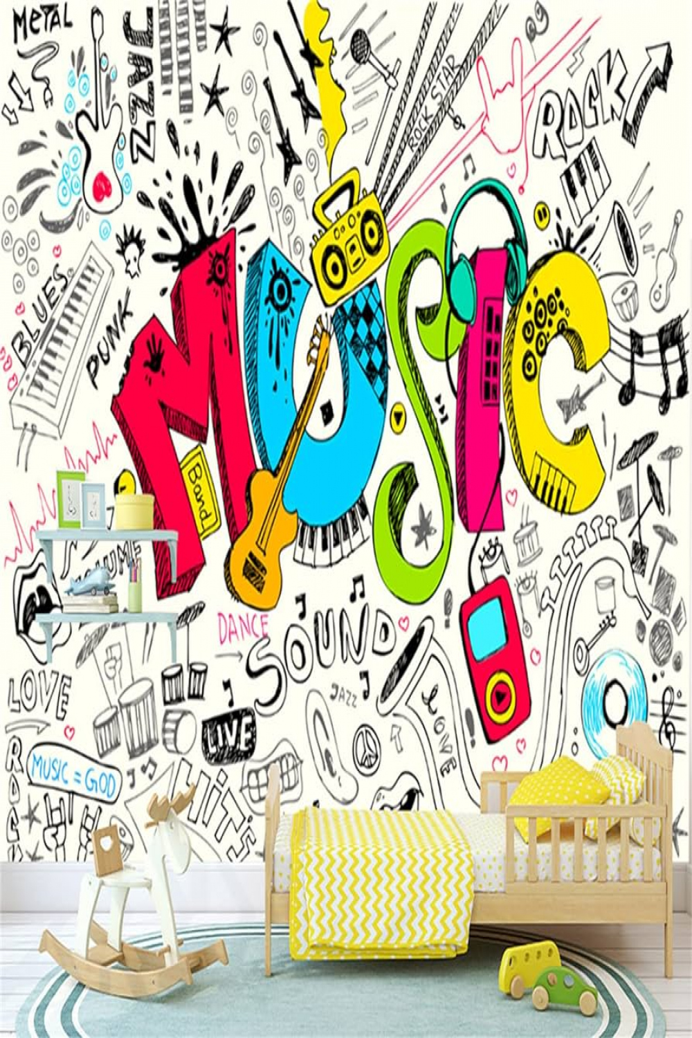 Cartoon Abstract Music Letters Graffiti Art Wall Mural, D Creative Artwork  Wallpaper, Wall Decal Wrinkle-Free and Good Ductility Suitable for Schools