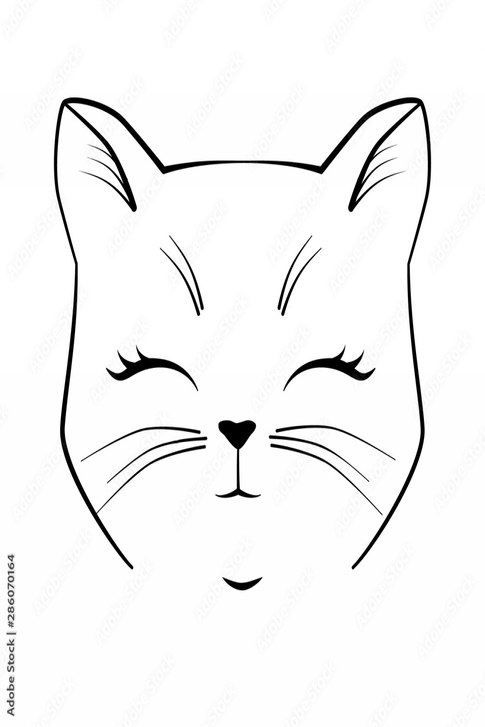 Cat cute face. Black outline drawing kitten character