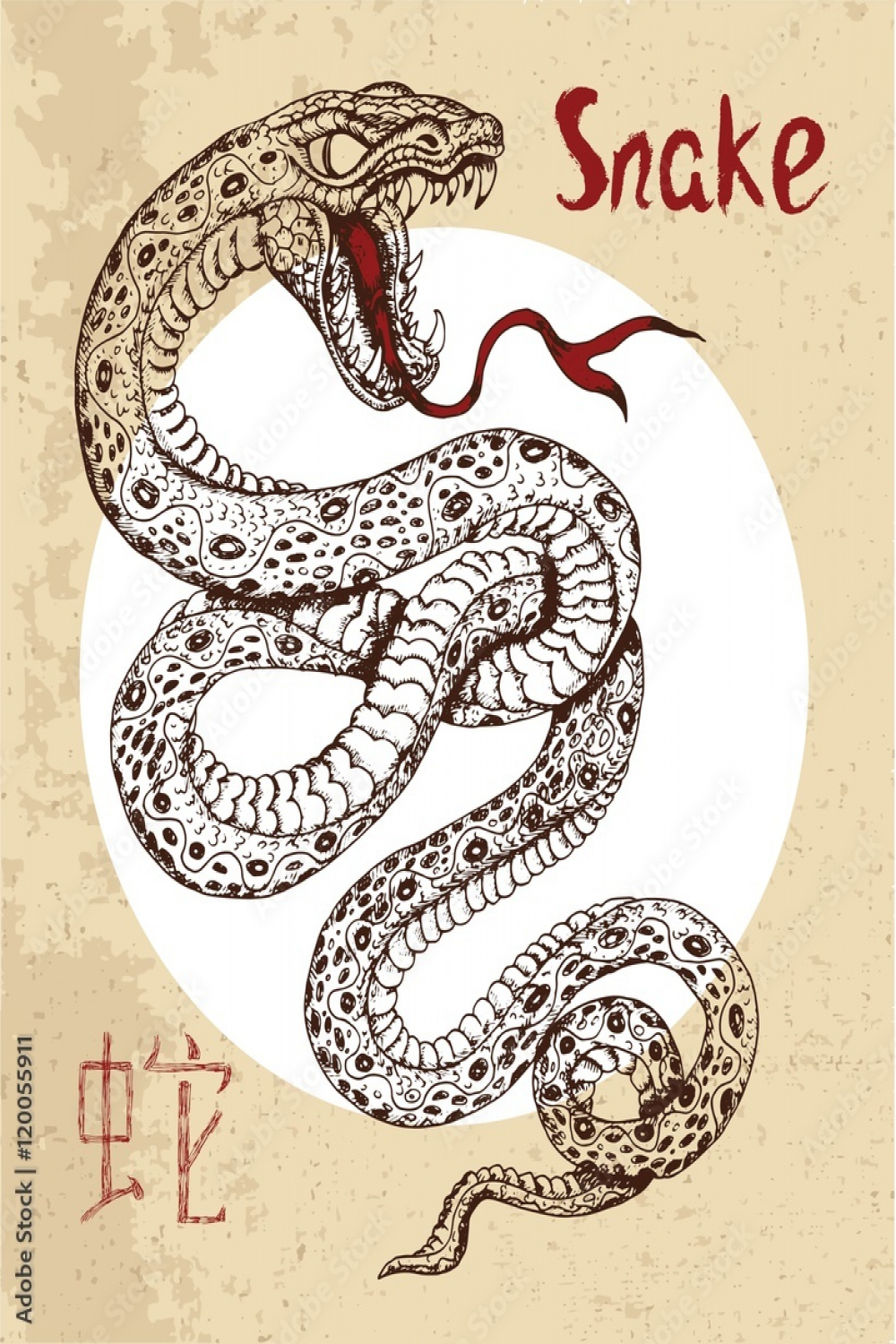 Chinese zodiac symbol of etching snake with hieroglyph Stock