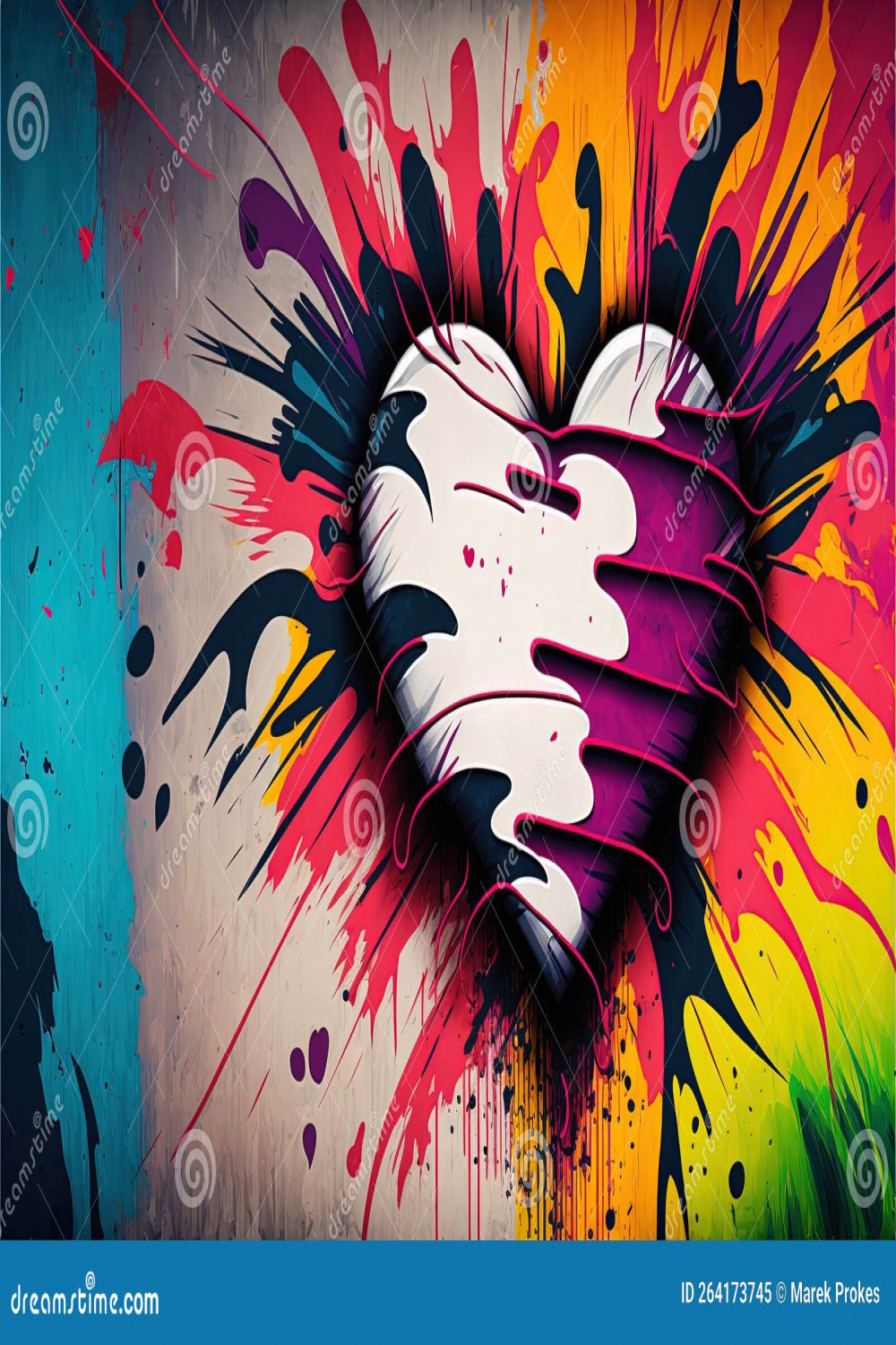 Colorful Graffiti Wall Background with Heart Shape As Love Symbol