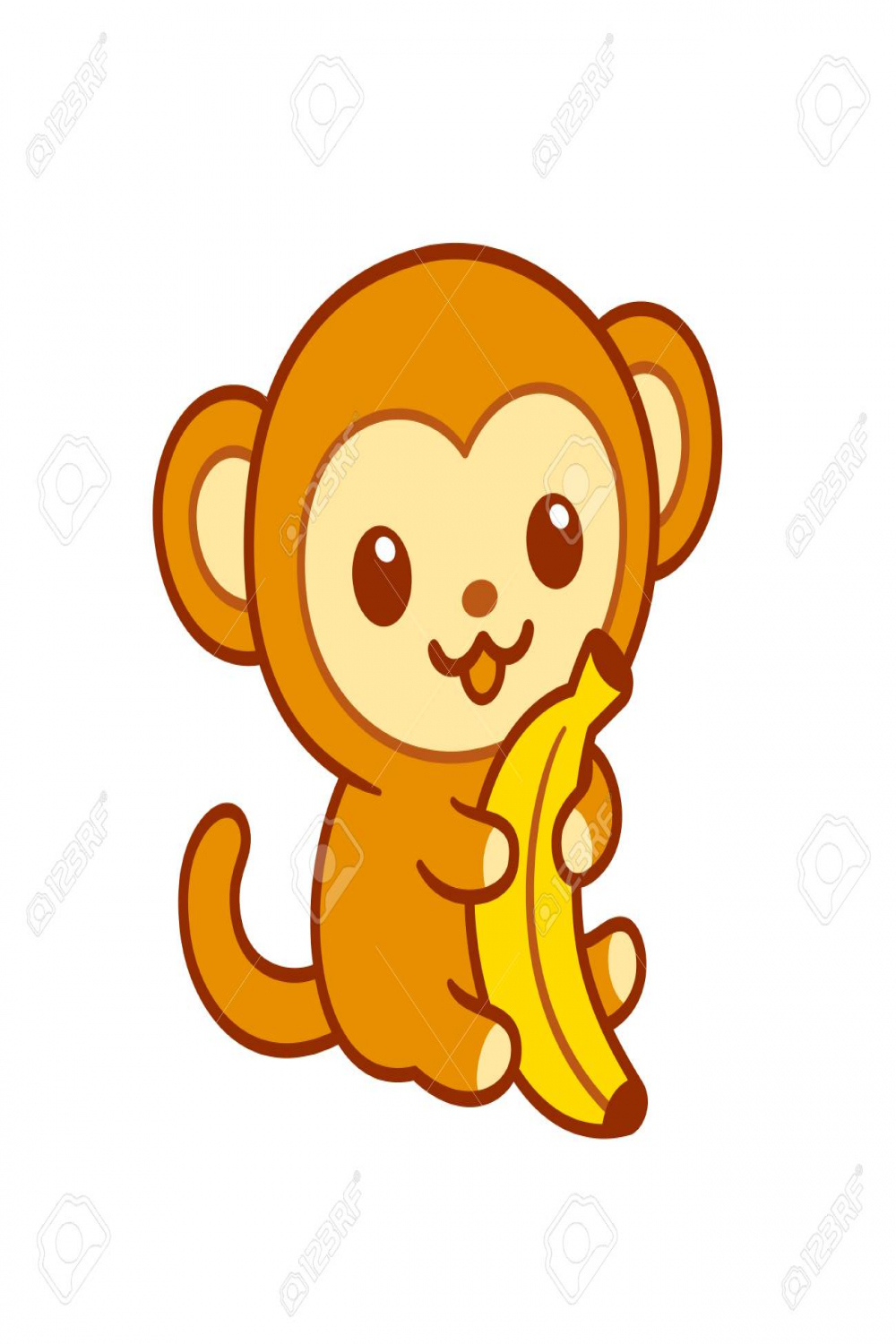 Cute Cartoon Baby Monkey Hugging Banana