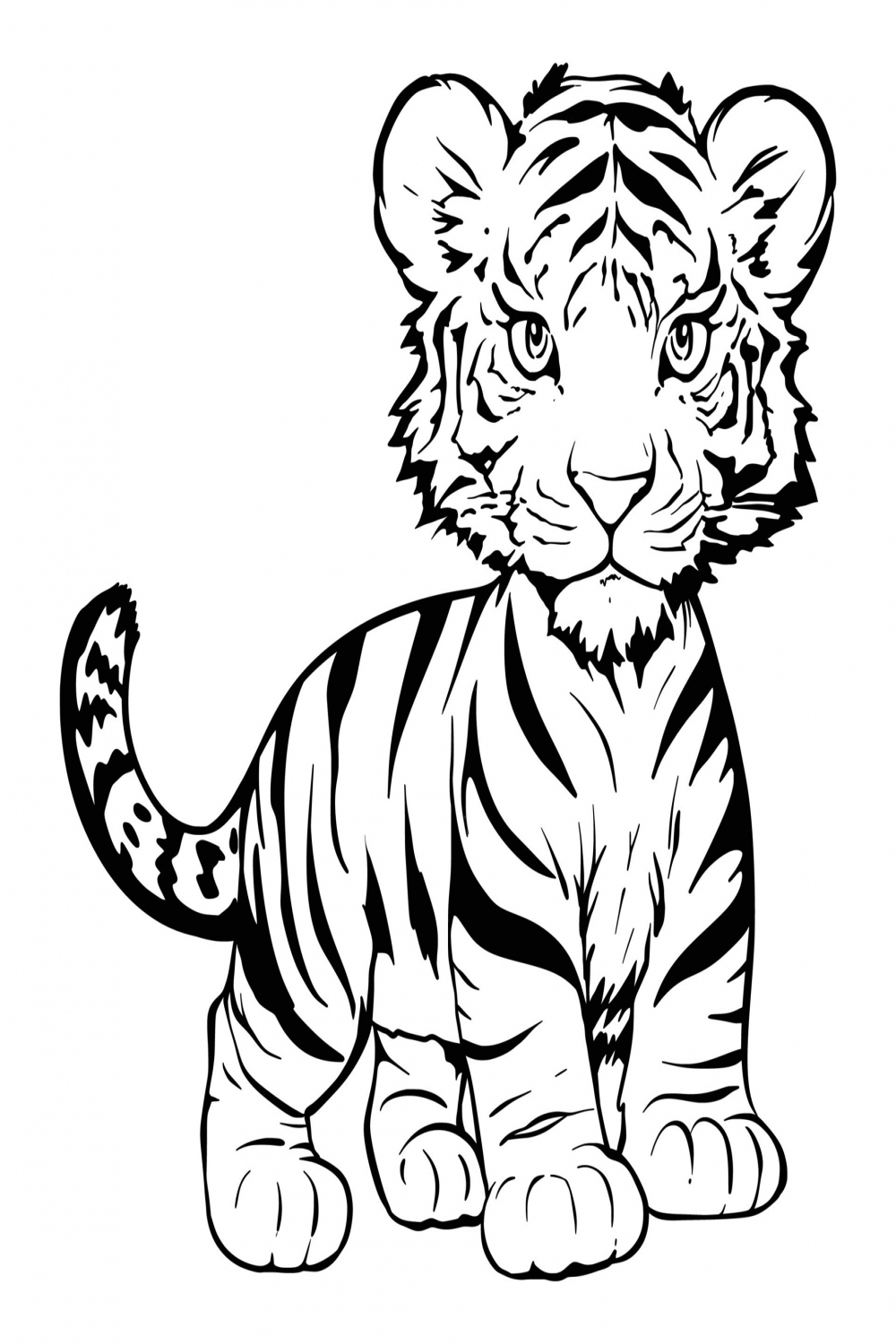 Cute cartoon baby tiger line drawing, black on white background