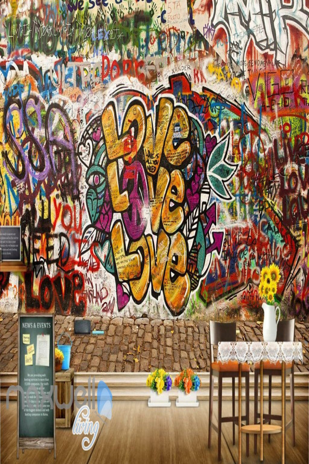 D Graffiti Love Pattern Brick Wall Murals Wallpaper Wall Art