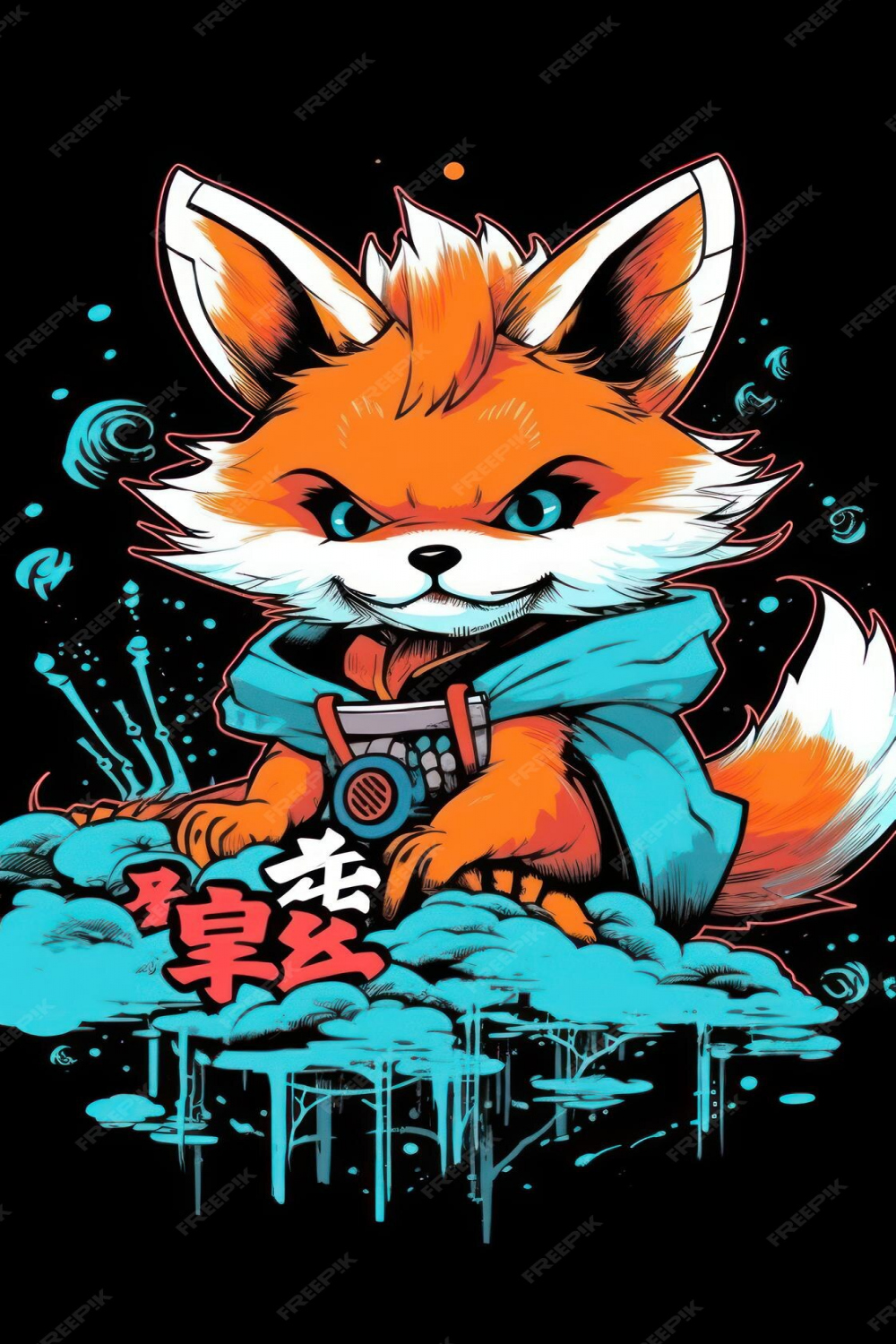 Diseño de graffiti de zorro kitsune japonés  Foto Premium