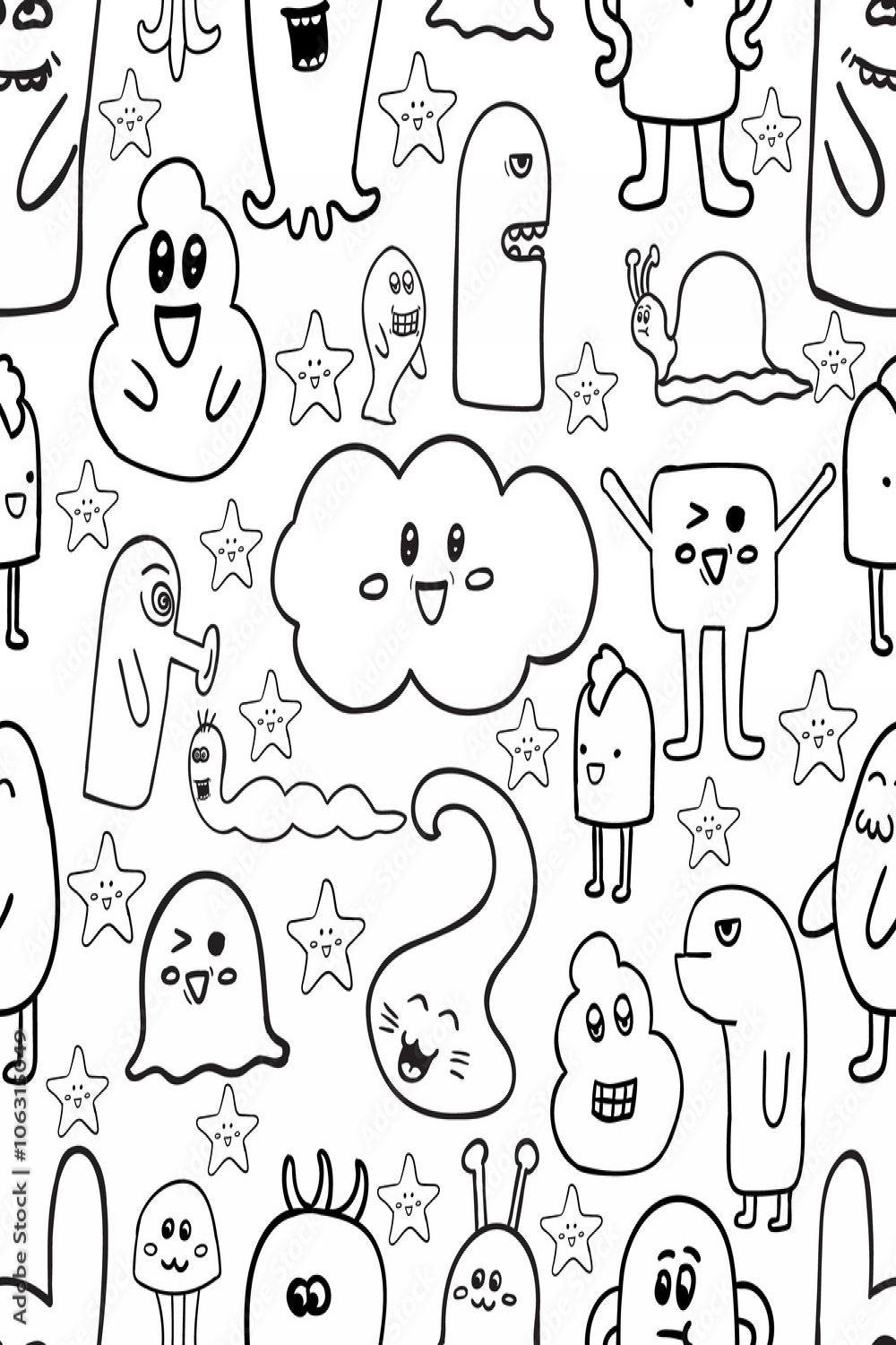 Doodle vector seamless pattern with monsters