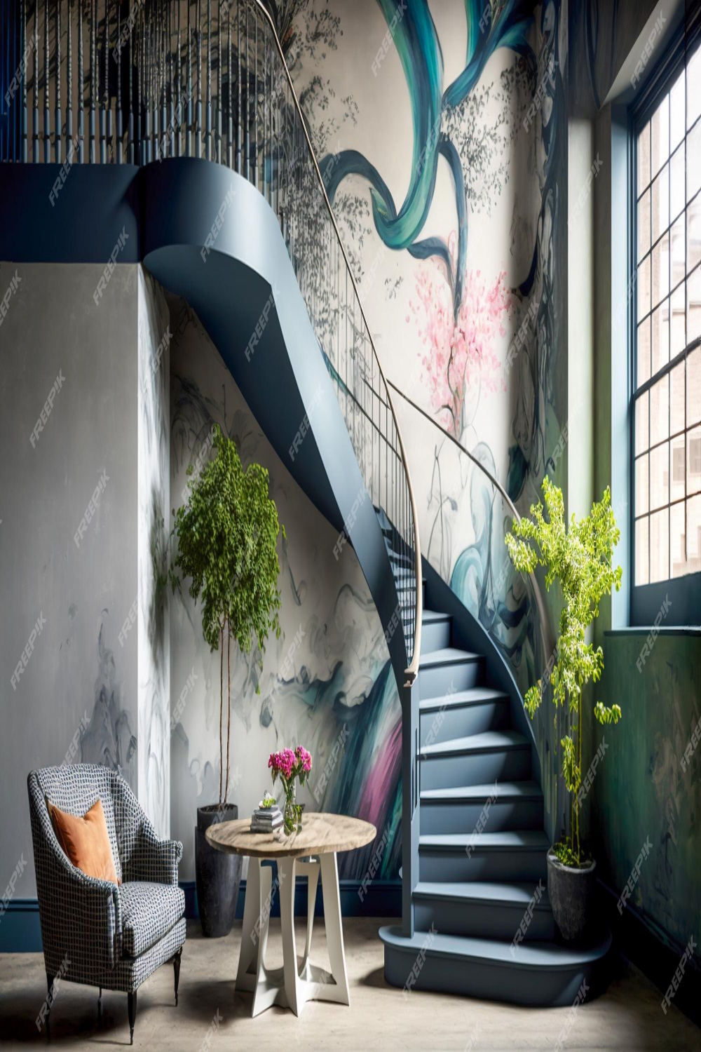 Ein modernes studio-apartment mit graffiti-strukturierter wand