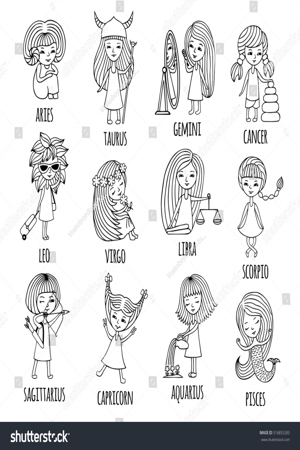 Funny Horoscope Girls Cute Girls Form: Stock-Vektorgrafik