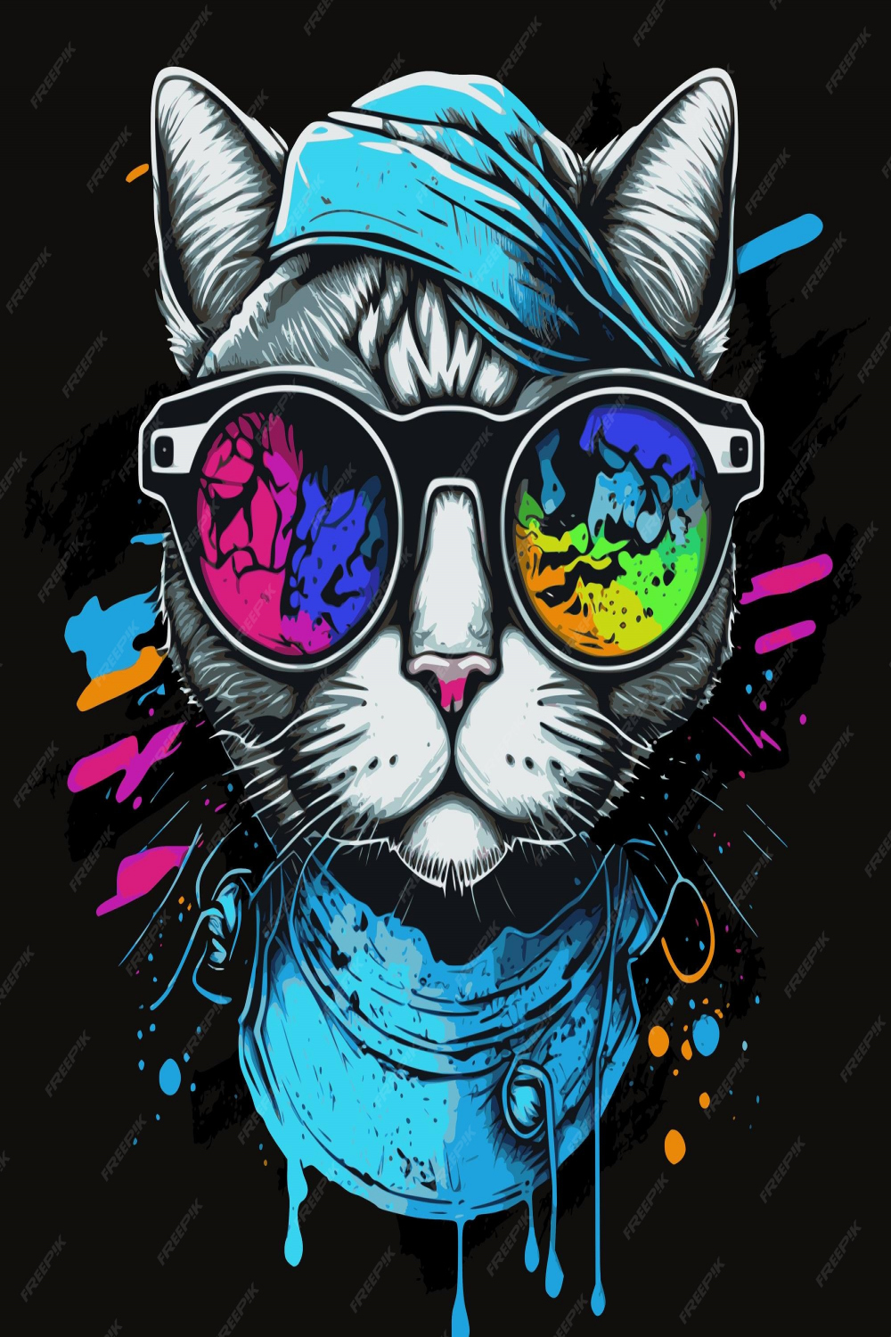 Gato divertido con gafas de sol elegantes y coloridas, estilo de