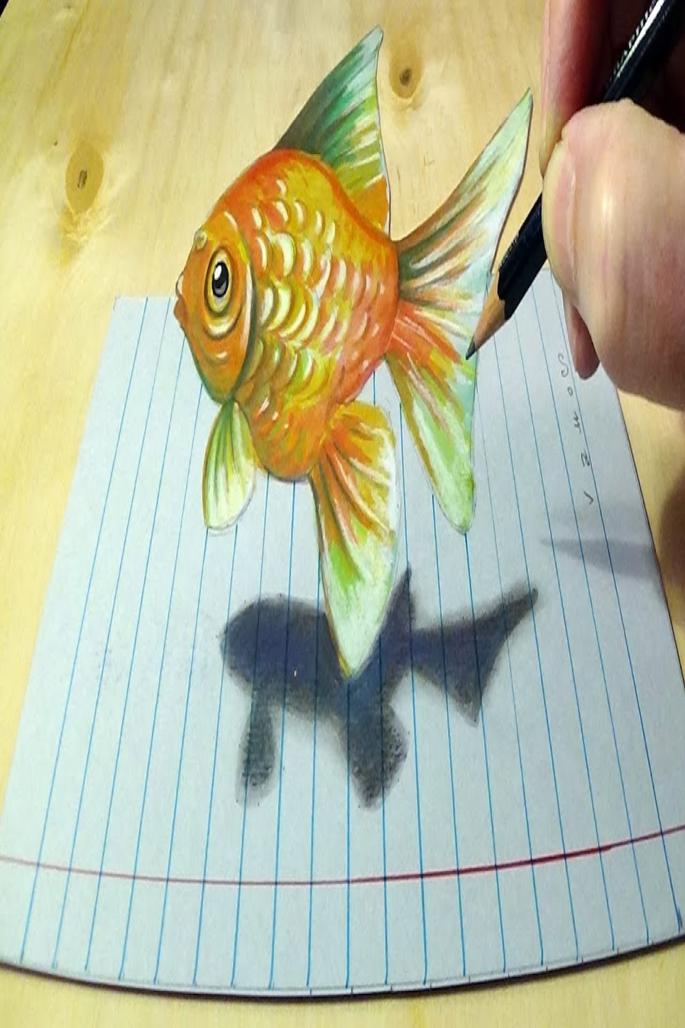 Goldfish illusion - Drawing a D fish on line paper - Trick Art by Vamos