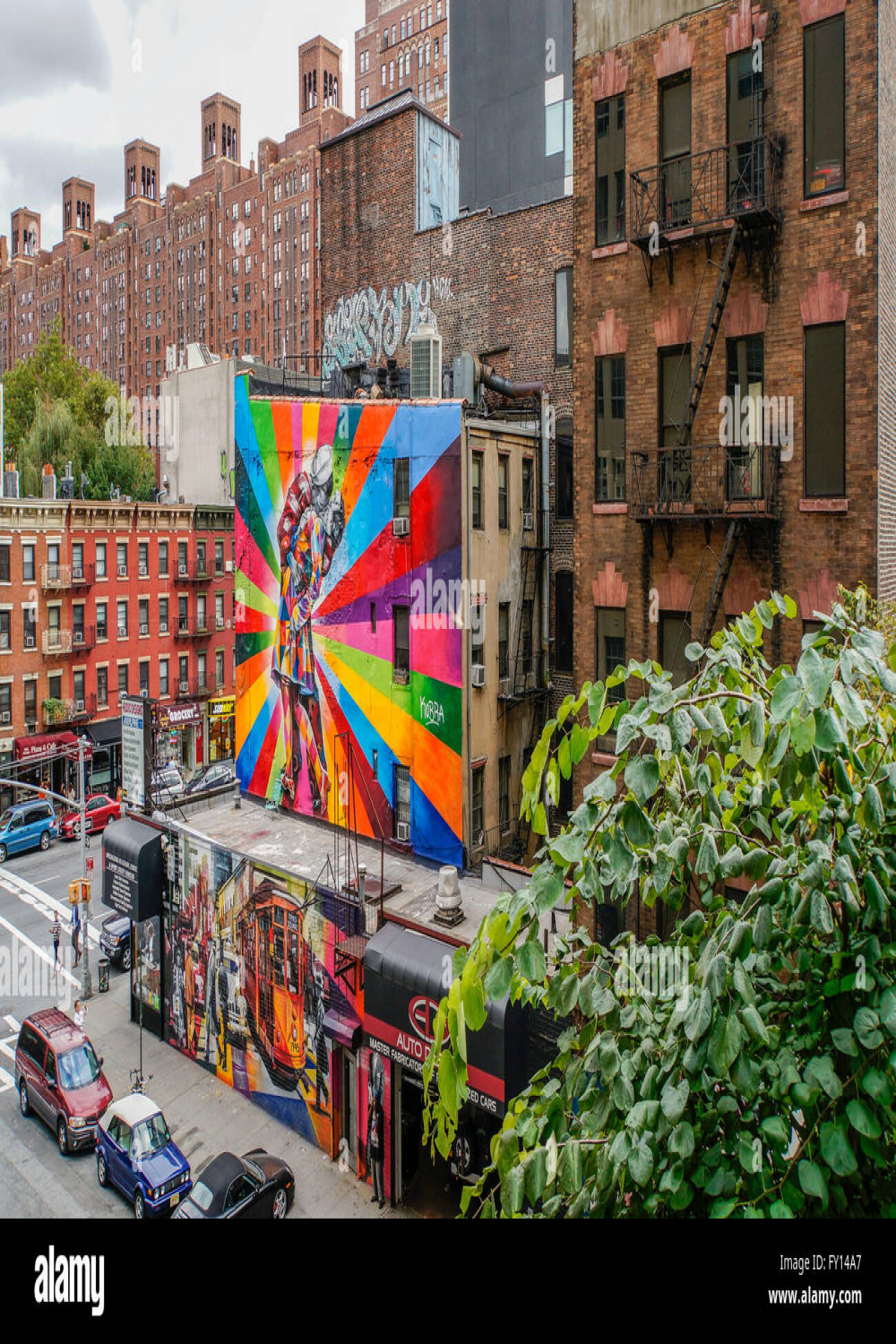 Graffiti art installation on buildings seen from the High Line