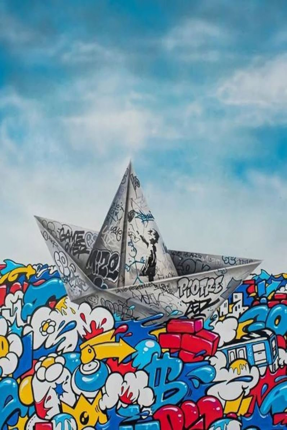 Graffiti Painting Ships Sailing in the Sea of Rubbish Canvas Wall