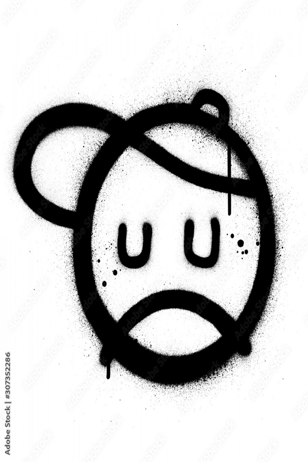 graffiti sad face icon sprayed in black over white Stock