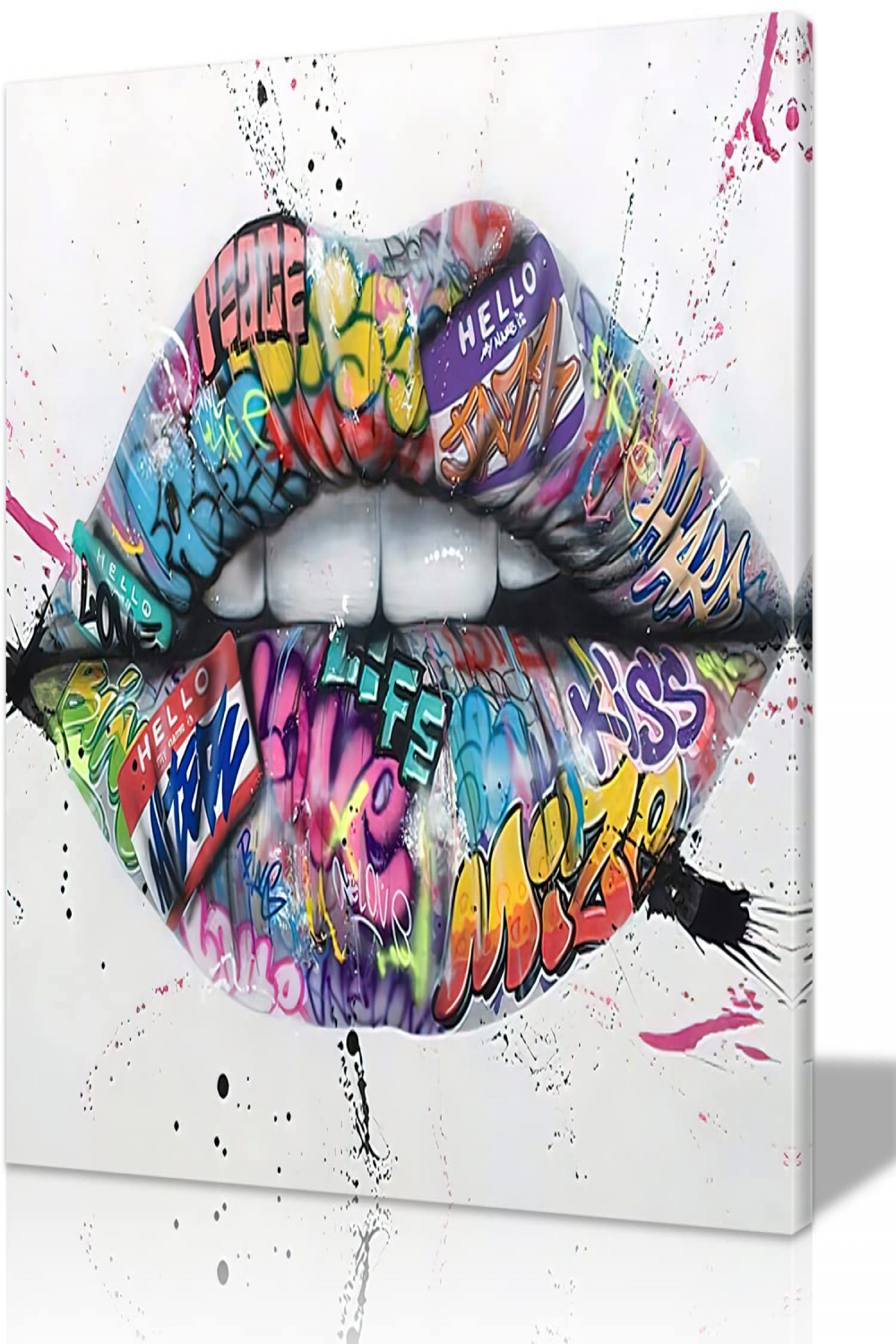 Graffiti Wall Art on Canvas, Graffiti Lips Paintings for Wall Decorations,  Classic Street Art Print on Canvas, Colorful Wall Art for Bedroom, Framed